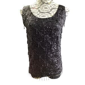 Vintage 100% wool Gimbels 1960s black sequin and beaded fringe cocktail top